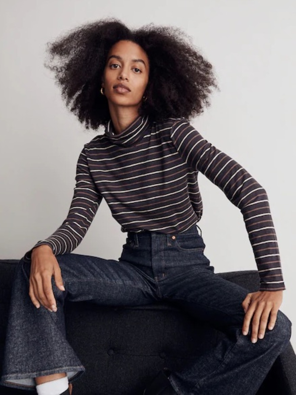Madewell Whisper Cotton Turtleneck Top Tessie Stripe | Black Coal | Medium